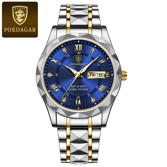POEDAGAR Top Brand Luxury Stainless Steel Quartz Men's Waterproof Wristwatch