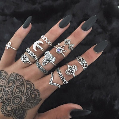 Boho Finger Jewelry Crown Geometric Rhinestone Leaf Women Ring Set - Hollow Stacking Finger Rings Vintage Silver Color