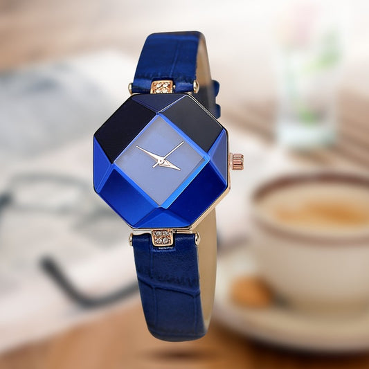 Gem Cut Crystal Leather Quartz Fashion Wristwatch