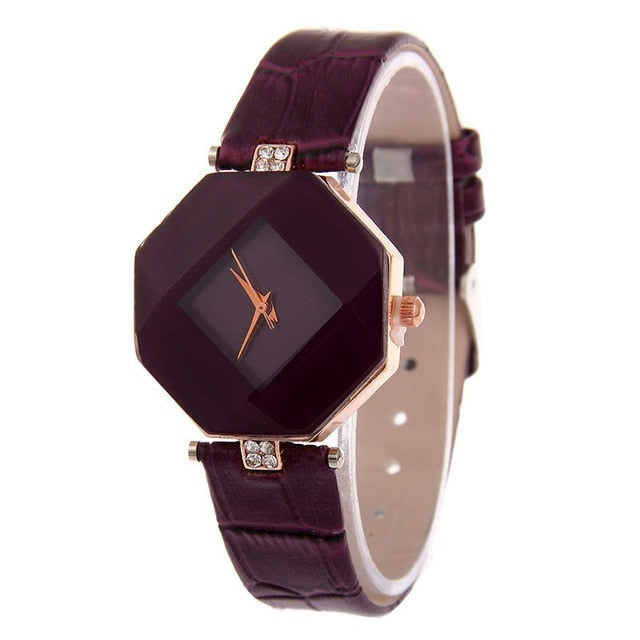 Gem Cut Crystal Leather Quartz Fashion Wristwatch