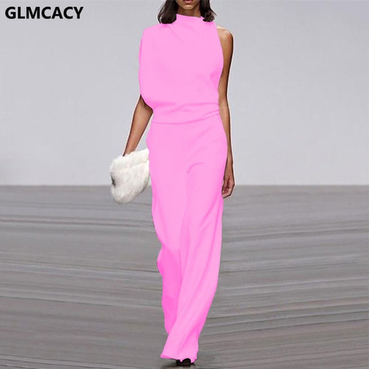 Solid Color One Shoulder Long Jumpsuit
