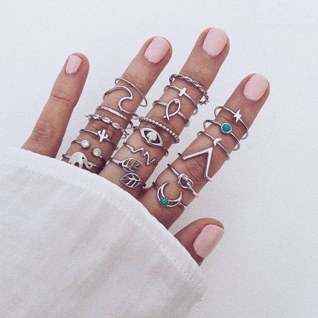 Style Vintage Rings Set For Women Boho Moon Star Knuckle Finger Rings