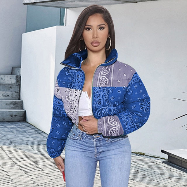 Casual Bandana Print Long Sleeve Bubble Jacket