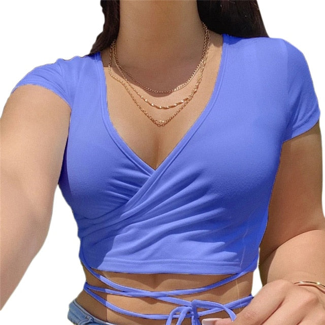 Solid V-Neck Crop T-Shirt