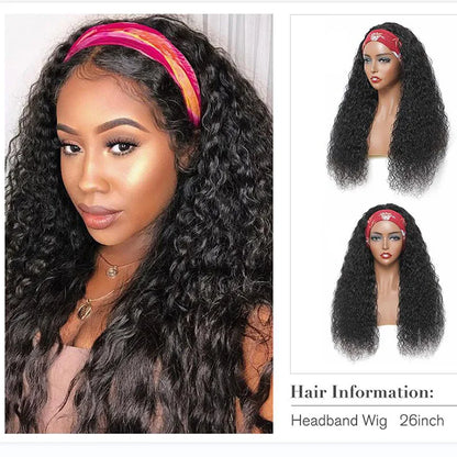 SVT Water Wave Glueless Human Hair Wigs - Long Hair 12-26" Curly Headband - Natural Color