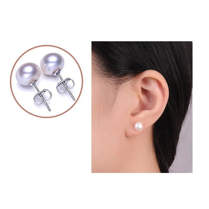 Real 925 Sterling Silver Natural Freshwater Pearl Stud Earrings