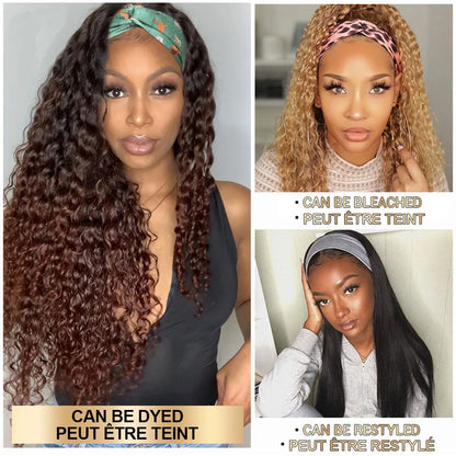 SVT Water Wave Glueless Human Hair Wigs - Long Hair 12-26" Curly Headband - Natural Color
