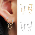 Huitan Double Ear Studs Tassel Chains Hanging Earrings for Women Ear Piercing 3 Metal Color Luxury CZ Hot Jewelry