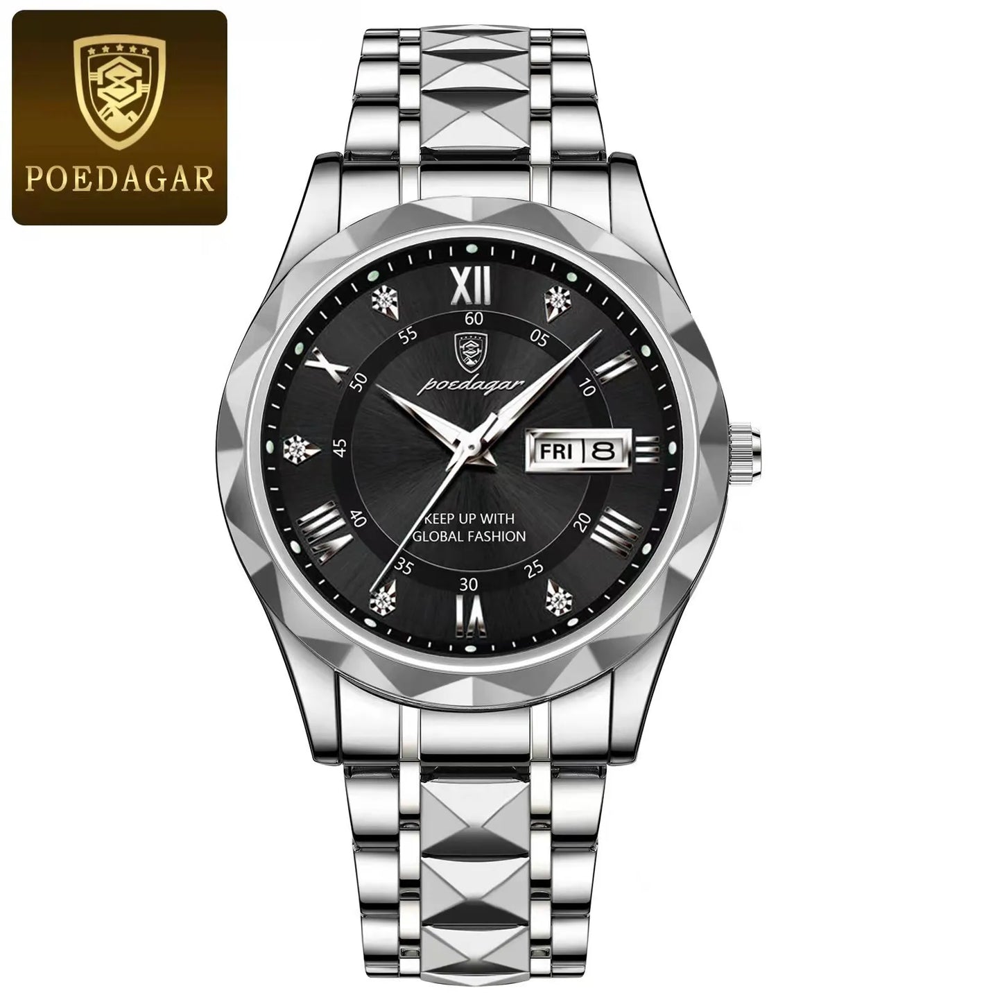POEDAGAR Top Brand Luxury Stainless Steel Quartz Men's Waterproof Wristwatch