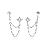 Huitan Double Ear Studs Tassel Chains Hanging Earrings for Women Ear Piercing 3 Metal Color Luxury CZ Hot Jewelry