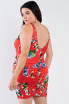 Red Floral Print Scoop Back Cinched Mini Dress