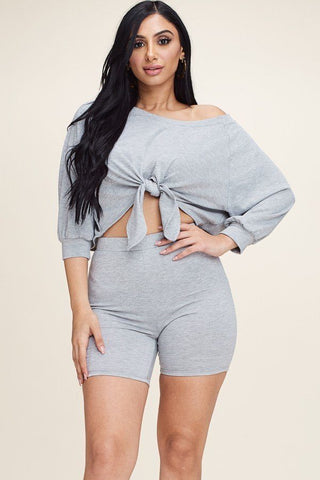 Grey Solid French Terry Tie Front Off The Shoulder Slouchy Top And Shorts Set