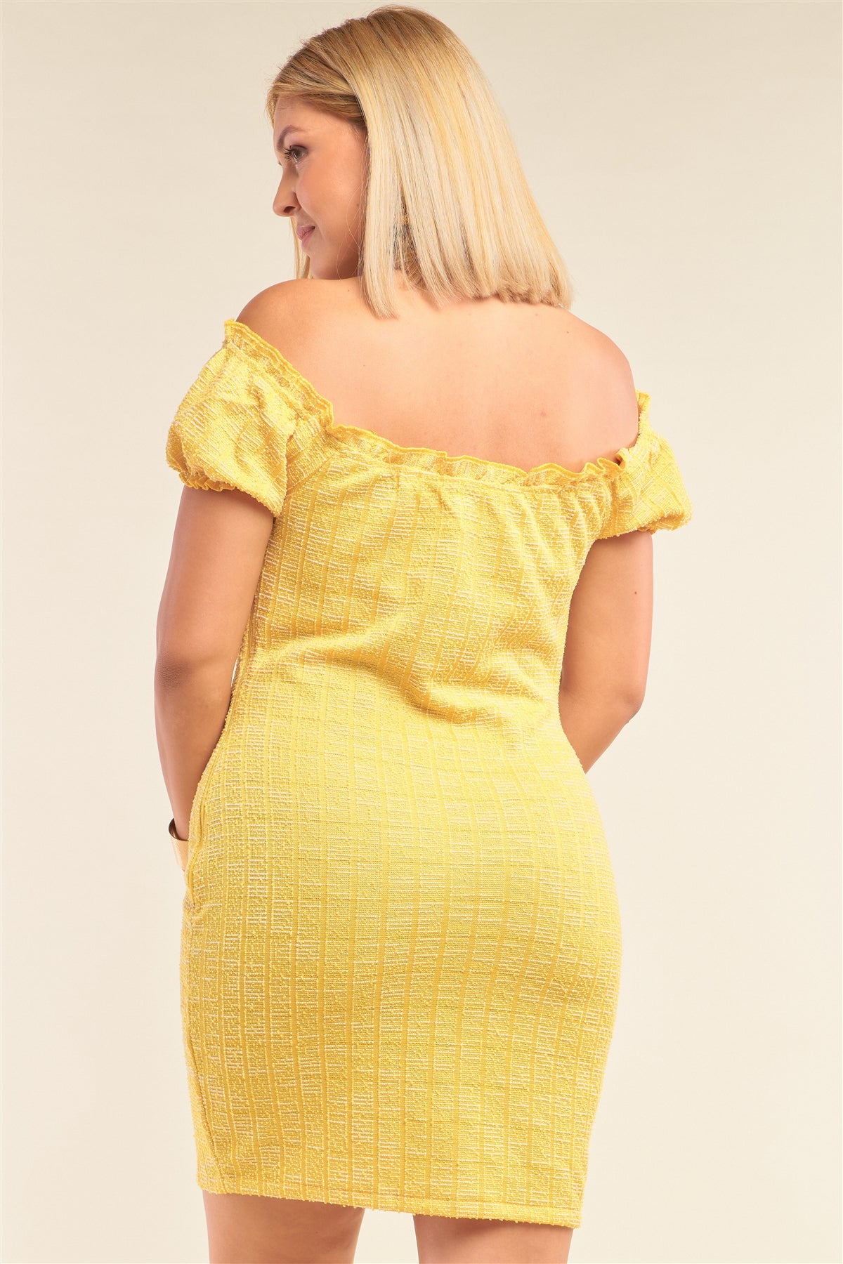 Yellow Sparkly Tweed Fitted Off-The-Shoulder Mini Dress