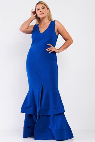 Royal Blue Sleeveless V-neck Front Slip Layered Flare Dress