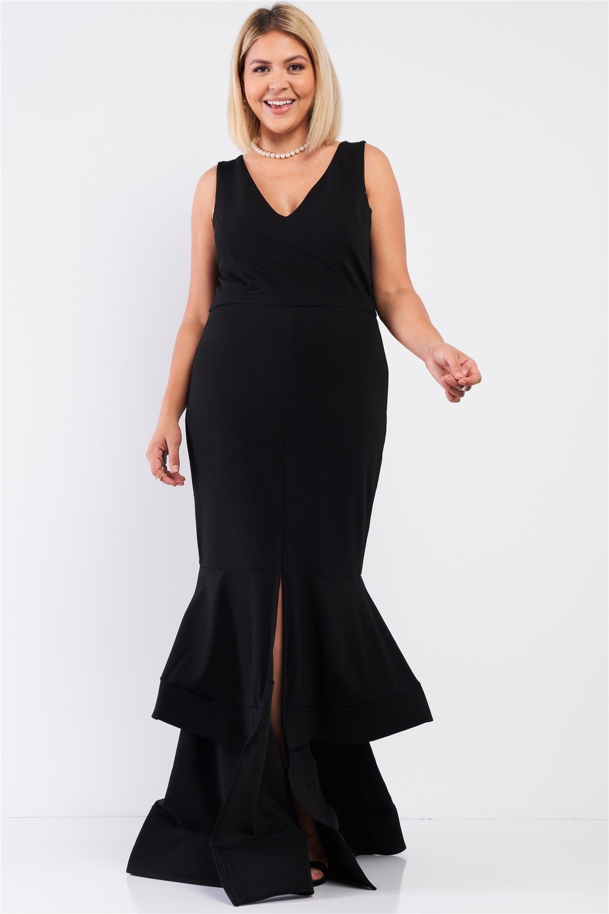 Black Sleeveless V-neck Front Slip Layered Flare Dress