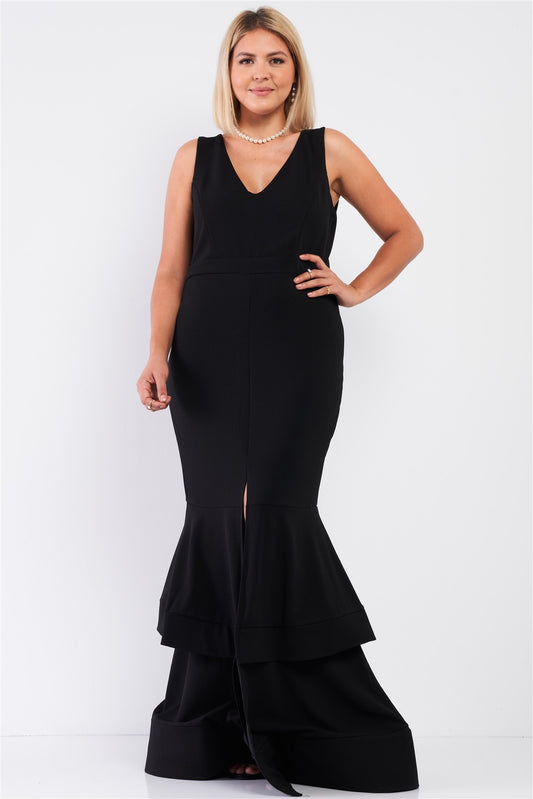 Black Sleeveless V-neck Front Slip Layered Flare Dress
