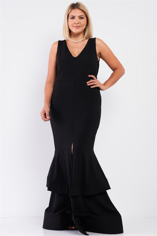 Black Sleeveless V-neck Front Slip Layered Flare Dress