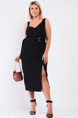 Black Sleeveless Asymmetrical Shoulder Front Slit Belted Dress