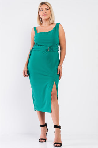 Teal Sleeveless Asymmetrical Shoulder Front Slit Belted Dress