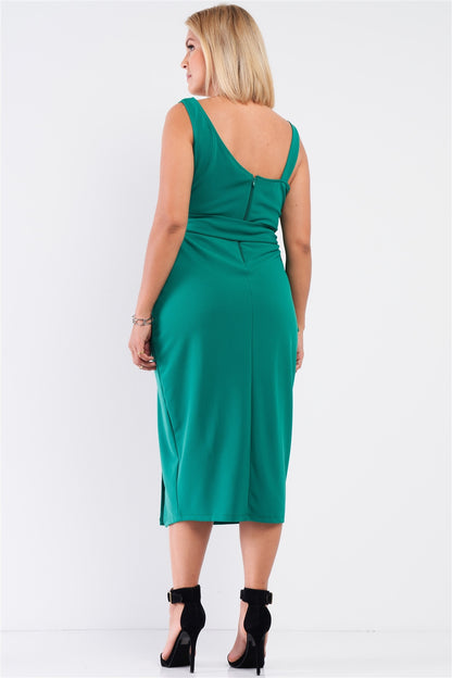 Teal Sleeveless Asymmetrical Shoulder Front Slit Belted Dress