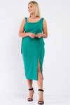 Teal Sleeveless Asymmetrical Shoulder Front Slit Belted Dress