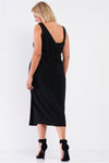 Black Sleeveless Asymmetrical Shoulder Front Slit Belted Dress