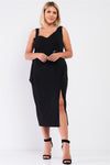 Black Sleeveless Asymmetrical Shoulder Front Slit Belted Dress