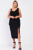 Black Sleeveless Asymmetrical Shoulder Front Slit Belted Dress