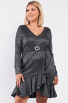 LONG SLEEVE GREY V-NECK HEM BELT FLARE DRESS