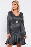 LONG SLEEVE GREY V-NECK HEM BELT FLARE DRESS