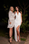 Long Sleeve V-Neck Hem Belt Flare Dress