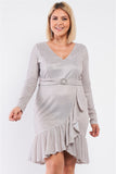 Long Sleeve V-Neck Hem Belt Flare Dress