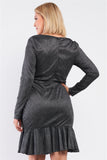 LONG SLEEVE GREY V-NECK HEM BELT FLARE DRESS