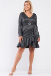 LONG SLEEVE GREY V-NECK HEM BELT FLARE DRESS