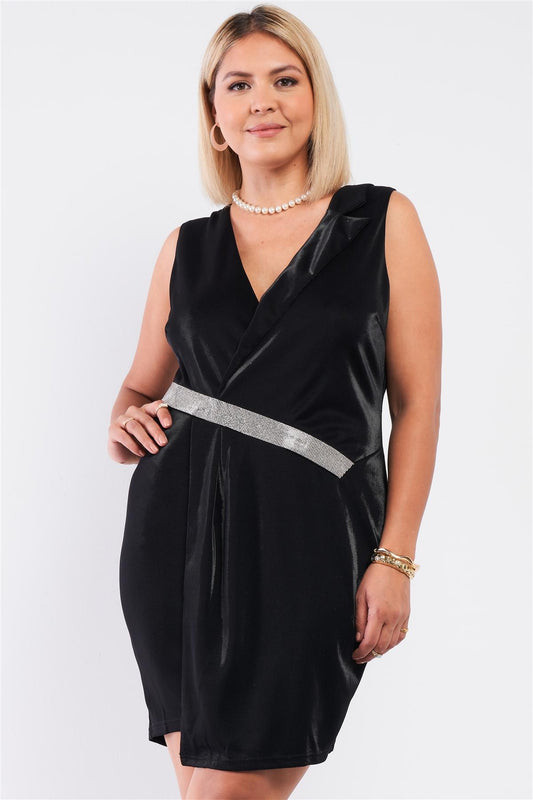 Black Sleeveless V-neck Asymmetrical Wrap Blazer Dress