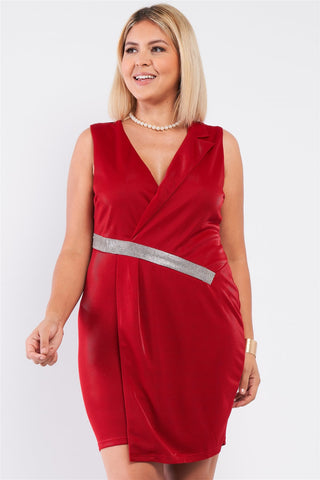 Red Sleeveless V-neck Asymmetrical Wrap Blazer Dress