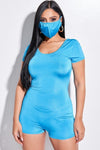 Blue Solid Short Sleeve Scoop Neck Romper And Face Mask