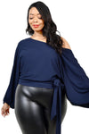 Navy Blue Relaxed Long Sleeve Tie Waist Top