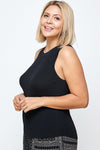 Black Solid Ribbed Tank With Round Neckline