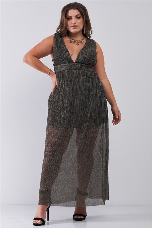 Black & Gold V-Neck Sleeveless Pleated Fabric Maxi Dress