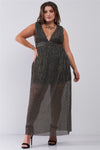 Black & Gold V-Neck Sleeveless Pleated Fabric Maxi Dress