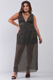 Black & Gold V-Neck Sleeveless Pleated Fabric Maxi Dress