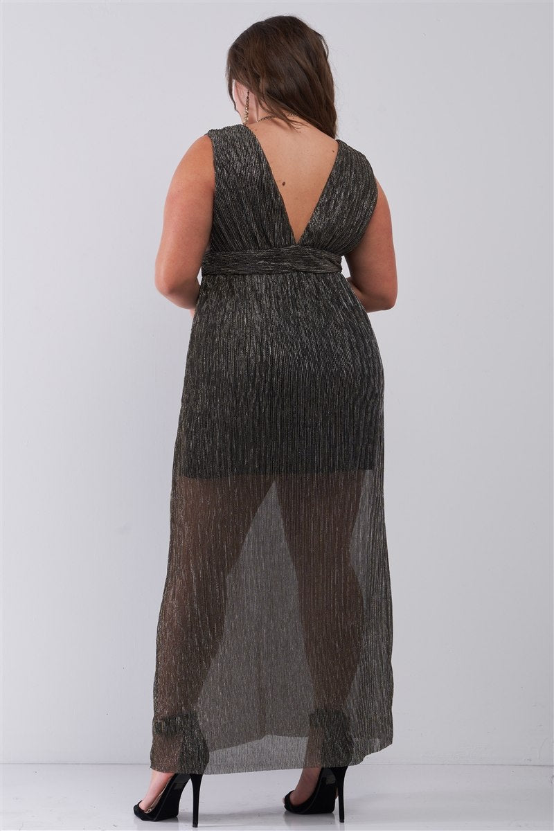 Black & Gold V-Neck Sleeveless Pleated Fabric Maxi Dress