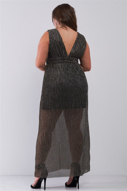 Black & Gold V-Neck Sleeveless Pleated Fabric Maxi Dress