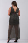 Black & Gold V-Neck Sleeveless Pleated Fabric Maxi Dress