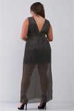 Black & Gold V-Neck Sleeveless Pleated Fabric Maxi Dress