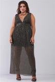 Black & Gold V-Neck Sleeveless Pleated Fabric Maxi Dress