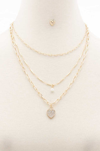 Rhinestone Heart Charm Layered Necklace