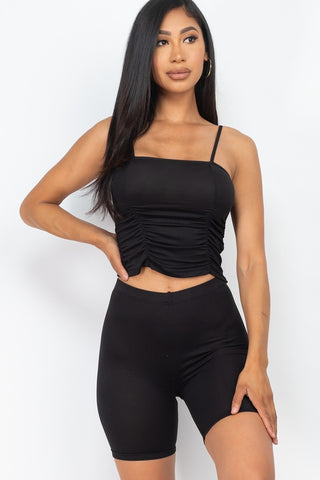 Black Camisole Ruched Sleeveless Top & Biker Shorts Set