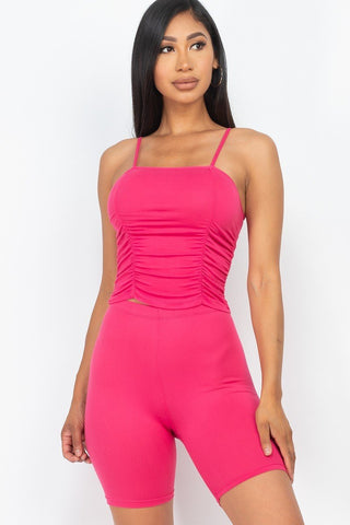 Hot Pink Camisole Ruched Sleeveless Top & Biker Shorts Set